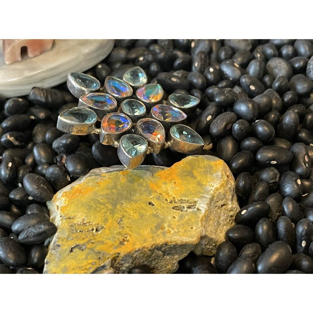 Native Sw Sterling Faceted Multi-stone Blue Green Rainbow Borealis Cluster Ring - Picture 4 of 12